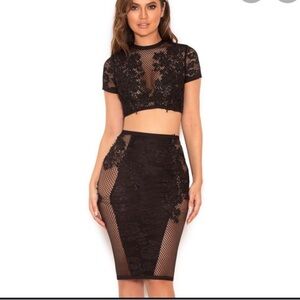 House of CB Black fish net Lace crop Top & pencil skirt